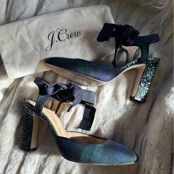 J CREW | Avery Black Watch Tartan Plaid Ankle-Tie Glitter Heels - Picture 4 of 14
